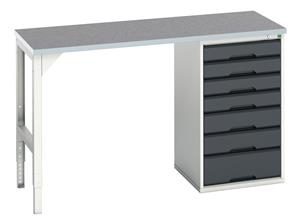 verso pedestal bench with 7 drawer 525W cab & lino worktop. WxDxH: 1500x600x930mm. RAL 7035/5010 or selected Verso Pedastal Benches with Drawer / Cupboard Unit